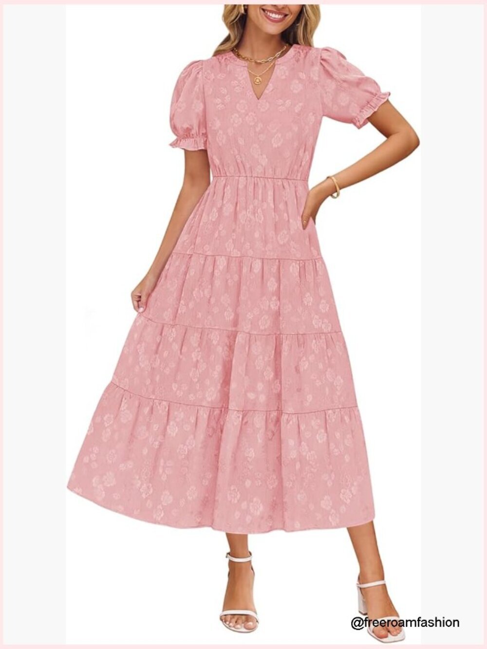 Summer Midi Dress with Puff Sleeves V Neck Flowy Fit for Beach Parties